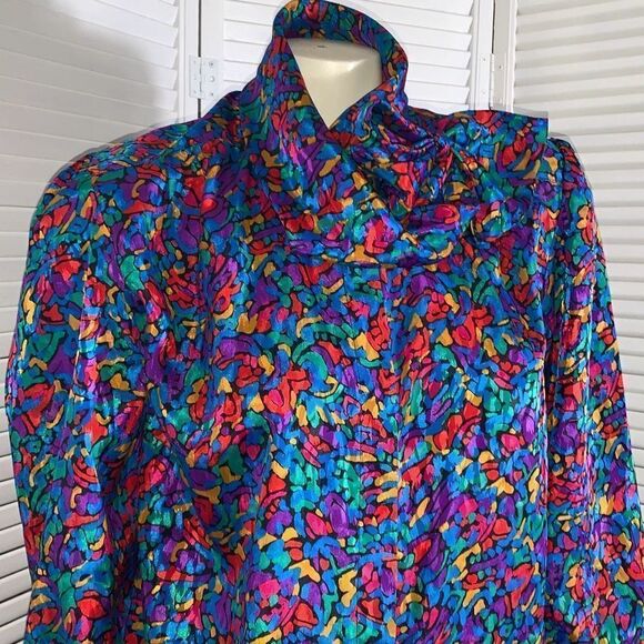 Vintage Colorful Abstract Satin Button Down Bow Tie Blouse Large - Picture 5 of 16